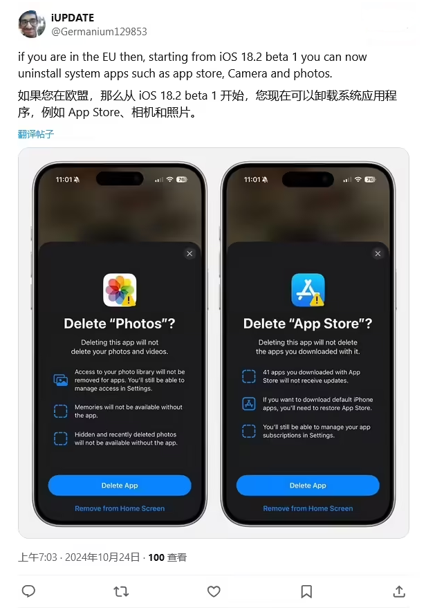 东坡苹果手机维修分享iOS 18.2 支持删除 App Store 应用商店 